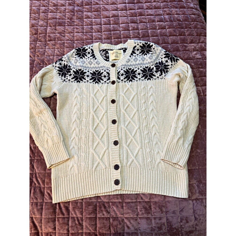 Natural Reflections Fair Isle Cable Knit Cardigan XL Cream Wool Blend